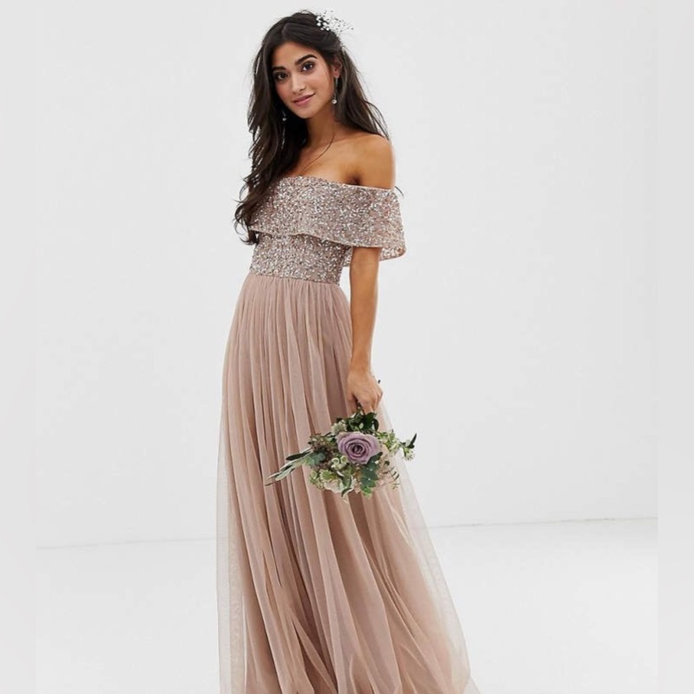 Maya Blush Bardot Maxi Tulle Dress with Tonal Delicate Sequins